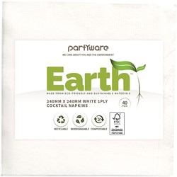 Earth Eco Cocktail Napkin 2 Ply White 240x240mm 40 Sheets