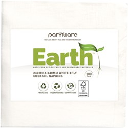 Earth Eco Cocktail Napkin 1 Ply White 240x240mm 100 Sheets