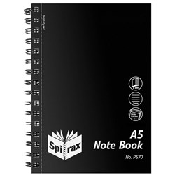 Spirax P570 Notebook Poly Cover With Note Pockets A5 Ruled 200 Page Side Open Black